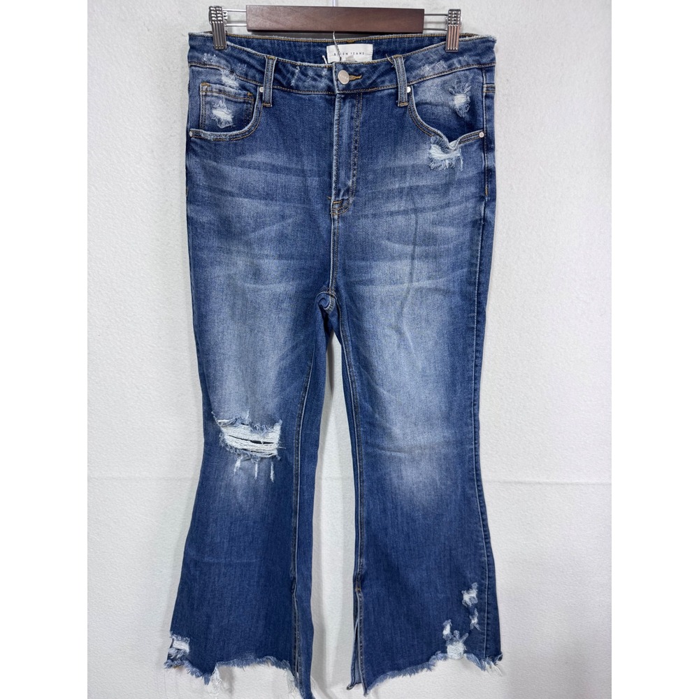 Risen Women 15 Blue Jeans High Rise Distressed Flare Raw Hem Split RDP5020